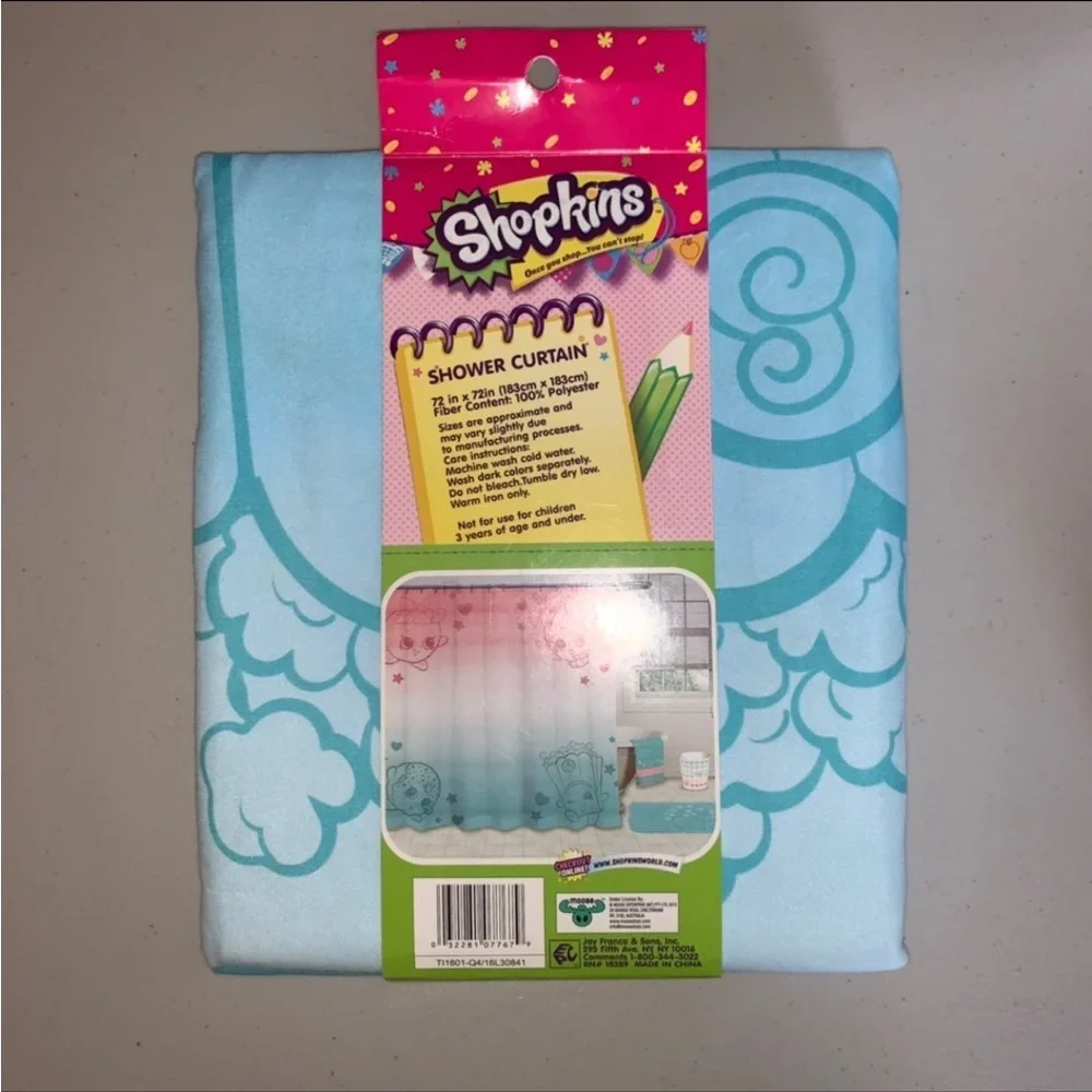 New in package Shopkins fabric shower curtain pink and blue
